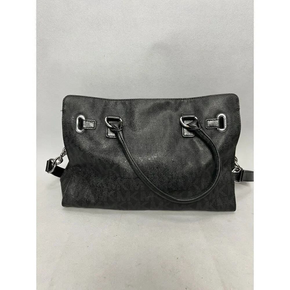 Michael Kors Black Hamilton Leather Silver Chain Satchel Bag Purse